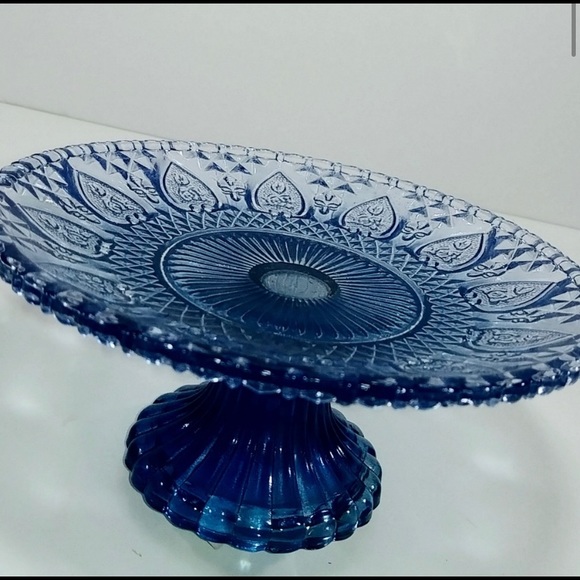 Anthropologie Blue Glass Color Cut Cake Stand - Picture 3 of 6